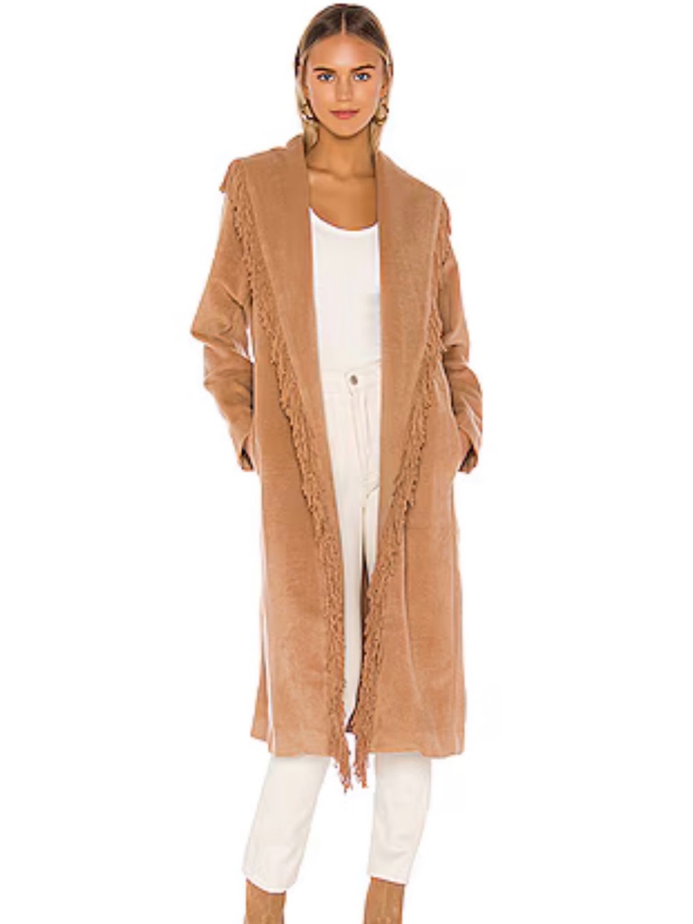 Line & Dot Linda Fringe Wool Blend Coat Camel Western Boho L